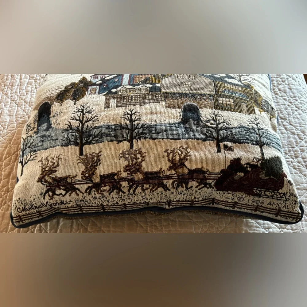 VTG 1986 Tapestry Charles Wysocki Pillow Winter Scene w/Santa & Reindeer FolkArt